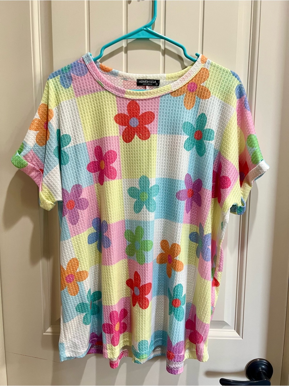 Heimish USA NWOT Pastel Floral Check Waffle Knit Top Size S